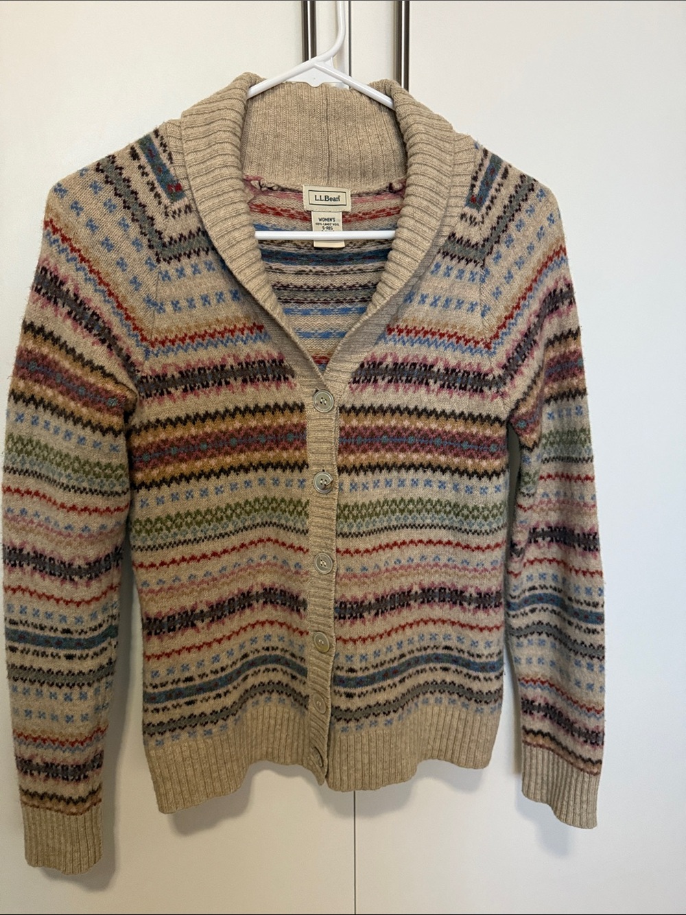 L.L. Bean 100% Lambs Wool Fair Isle Shawl Collar Cardigan - size Small